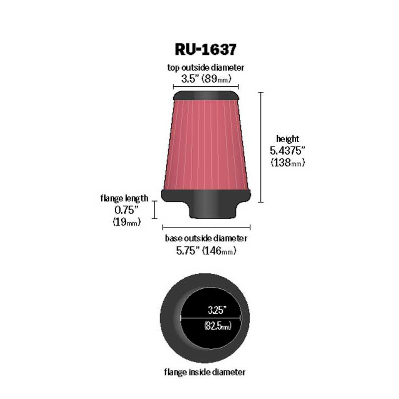 K&N Universeel Luchtfilter Konisch 83mm aansluiting, 146mm onder, 89mm top, 138mm hoogte Extreme Duty (RU-1637)