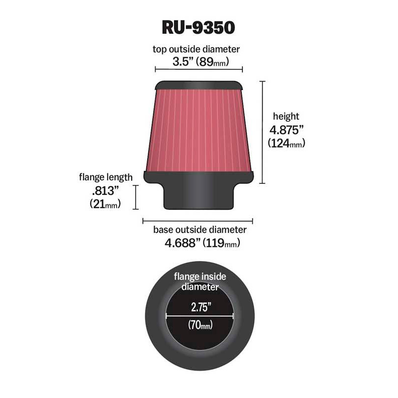K&N Universeel Luchtfilter Konisch 70mm aansluiting, 119mm onder, 89mm top, 124mm hoogte (RU-9350)