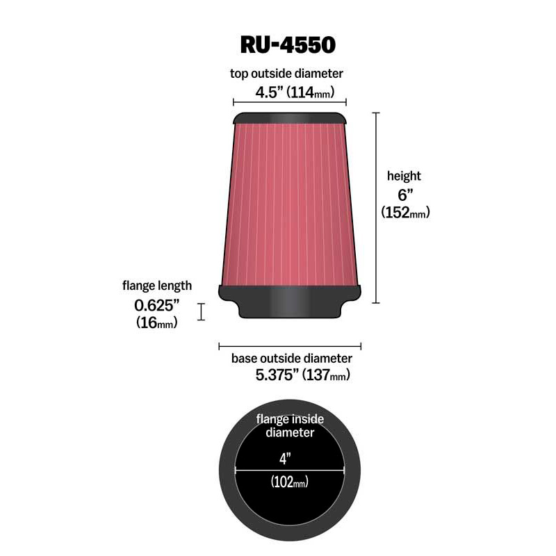 K&N Universeel Luchtfilter Konisch 102mm aansluiting, 137mm onder, 114mm top, 152mm hoogte (RU-4550)